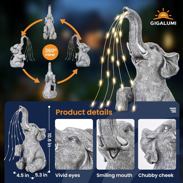 GIGALUMI Solar Garden Decor Watering Elephant Statues Outdoor, Birthday Gifts for Women Mom Grandma Senior Elder, Elephant Ornament for Balcony, Garden, Patio, Yard, Lawn (Constant Lights Only) - Image 3