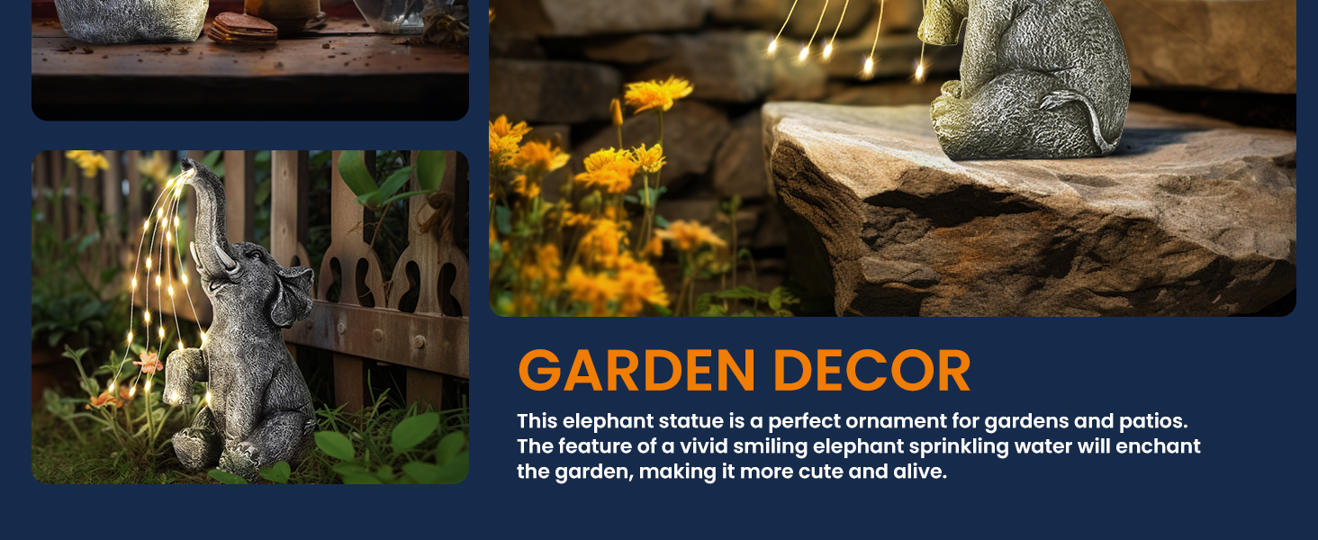Elephant statue garden decor on patio tables, steps, beside fence