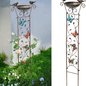 Bird Bath with Trellis Outdoor, Antique Garden Iron Trellis with Decorative Butterflies Detachable Bird Bowl Metal Potted Plants Support for Climbing Flowers