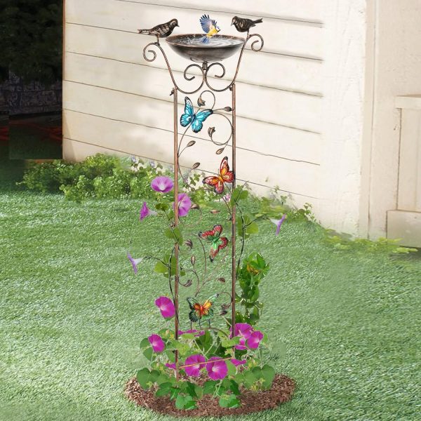 Bird Bath with Trellis Outdoor, Antique Garden Iron Trellis with Decorative Butterflies Detachable Bird Bowl Metal Potted Plants Support for Climbing Flowers - Image 2