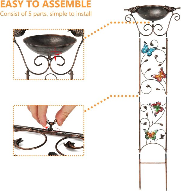 Bird Bath with Trellis Outdoor, Antique Garden Iron Trellis with Decorative Butterflies Detachable Bird Bowl Metal Potted Plants Support for Climbing Flowers - Image 5