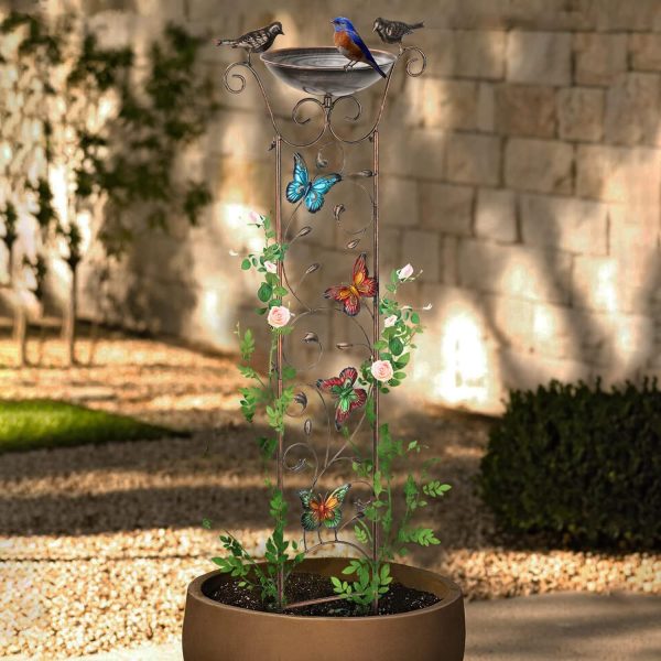 Bird Bath with Trellis Outdoor, Antique Garden Iron Trellis with Decorative Butterflies Detachable Bird Bowl Metal Potted Plants Support for Climbing Flowers - Image 6
