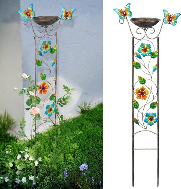 Bird Bath with Trellis Outdoor, Antique Garden Iron Trellis with Decorative Butterflies Detachable Bird Bowl Metal Potted Plants Support for Climbing Flowers - Image 19