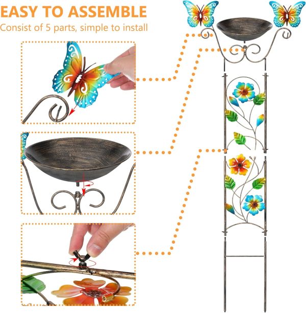 Bird Bath with Trellis Outdoor, Antique Garden Iron Trellis with Decorative Butterflies Detachable Bird Bowl Metal Potted Plants Support for Climbing Flowers - Image 23